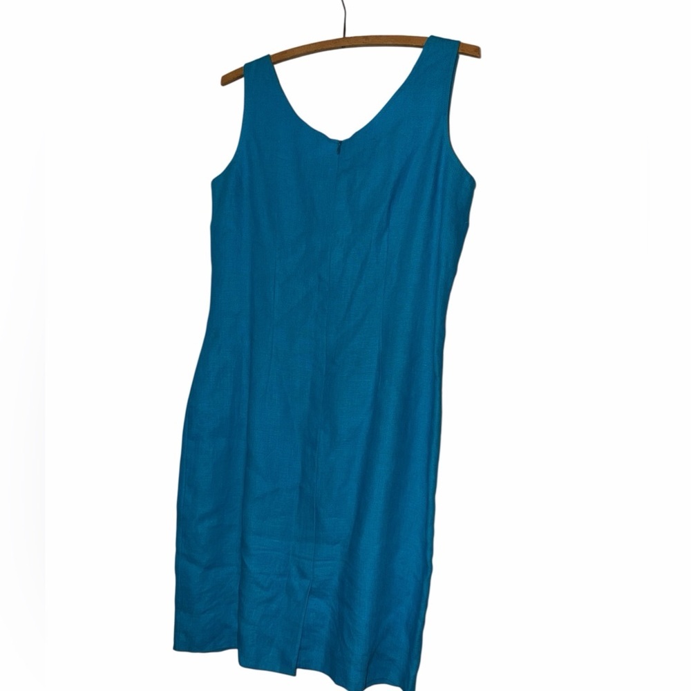 Vintage Sâke turquoise teal blue Sleeveless 100% linen Sheath Dress Sz 10 v neck